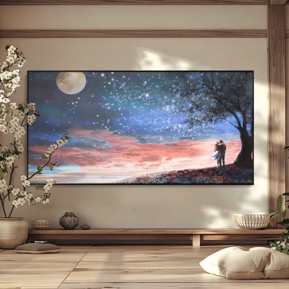 Tablou canvas cu ilustratie cuplu sub cer instelat, in rama de aluminiu negru